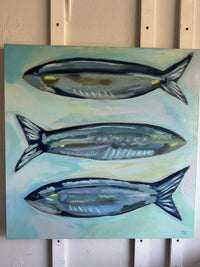 Painting of three fish on a light blue background